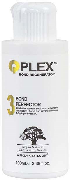 Biała butelka z napisem 'Plex Bond Regenerator', z obrazkiem drzewa i tekstem o naprawie wiązań włosów.