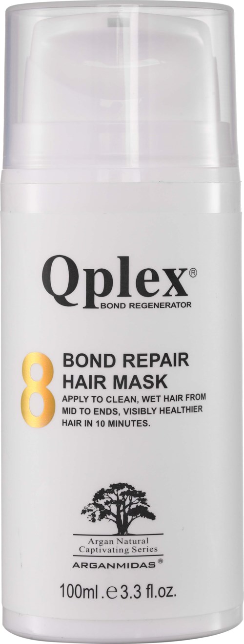 En hvit flaske med etikett for Qplex Bond Repair Hair Mask, 100 ml, med et trelogo.