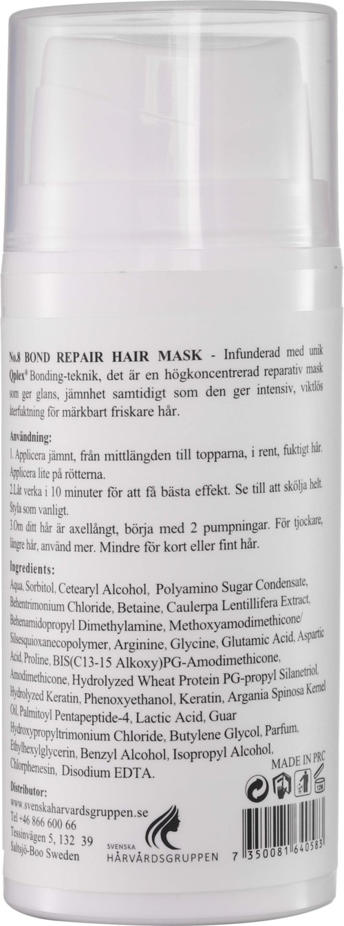 En hvit flaske med pumpe, merket som en hårkur med detaljerte instruksjoner og ingredienser.