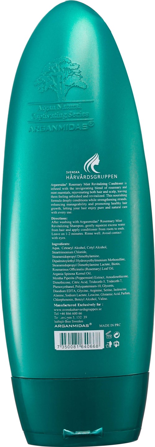 Een turquoise shampoo fles met tekst en een boomlogo bovenaan. Het heeft een zwarte dop en lijkt vol.