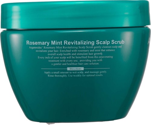 Zielony słoik z Rosemary Mint Revitalizing Scalp Scrub i instrukcjami użytkowania.