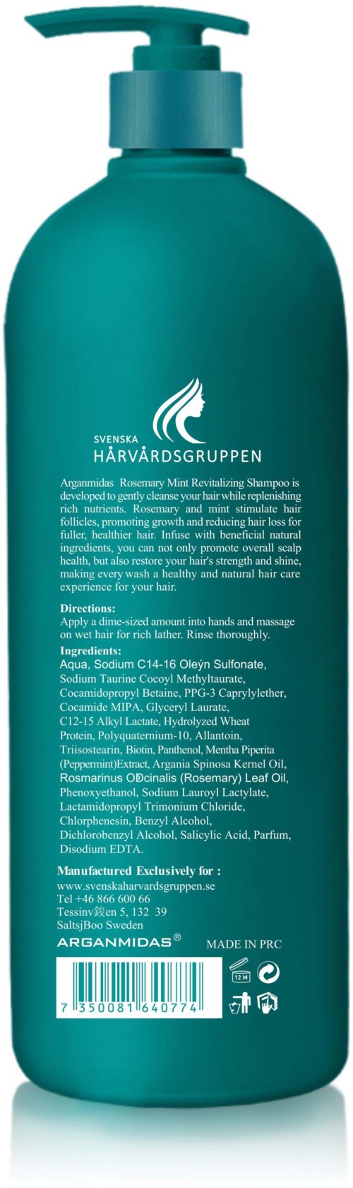 En lång, tealfärgad flaska med pumpuppror, innehållande svenskt hårvårds schampo från Harvardsgruppen.