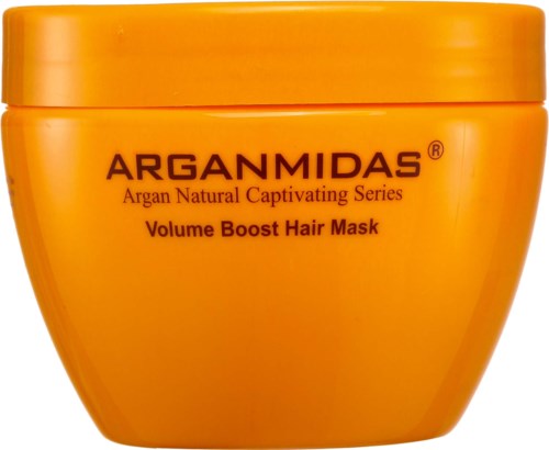 Jasnopomarańczowy słoik z napisem Arganmidas, Volume Boost Hair Mask, część serii Argan Natural Captivating.