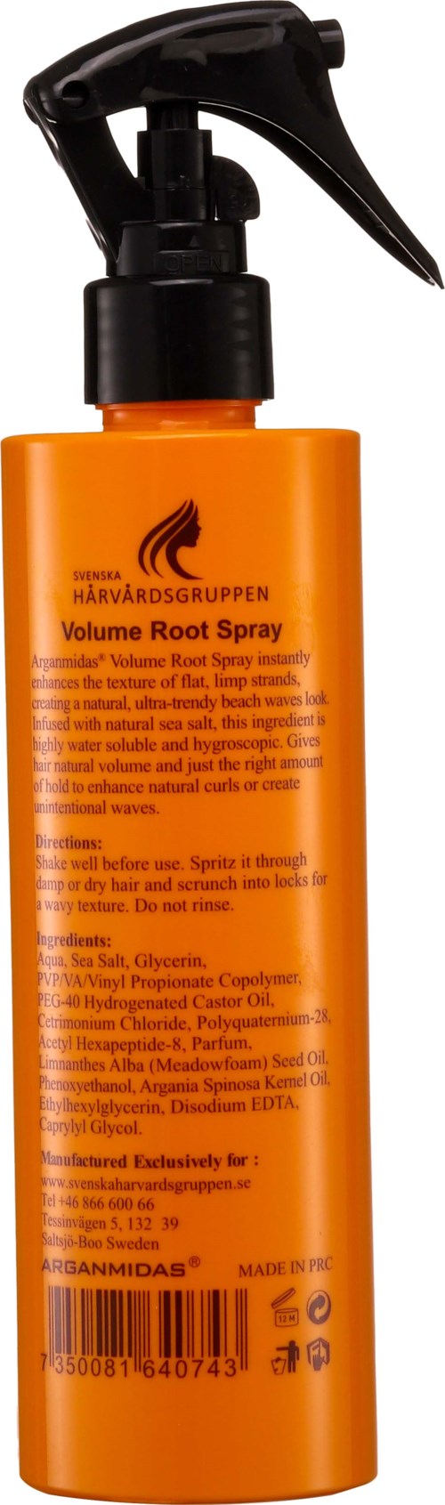 Pomarańczowa butelka z rozpylaczem i etykietą. Zawiera spray na korzeń włosów.