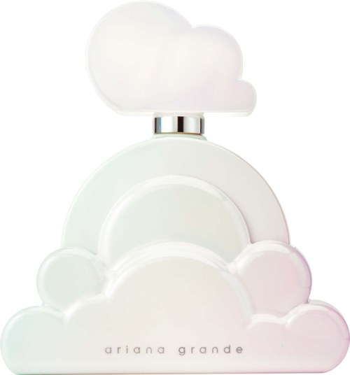 Vit molnformad parfyllflaska med ett mindre moln ovanpå och varumärket ariana grande framför.