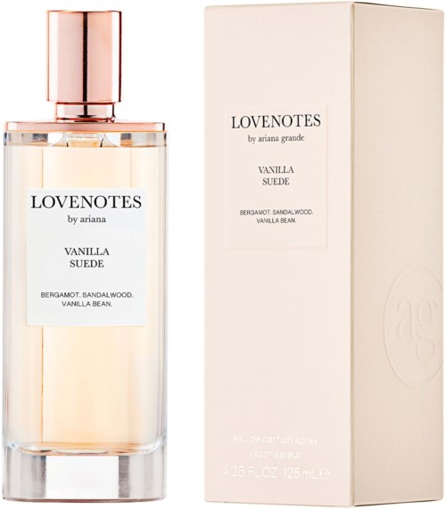 A perfume bottle and box labeled 'LOVENOTES by ariana grande, Vanilla Suede, with notes of bergamot, sandalwood, and vanilla bean.