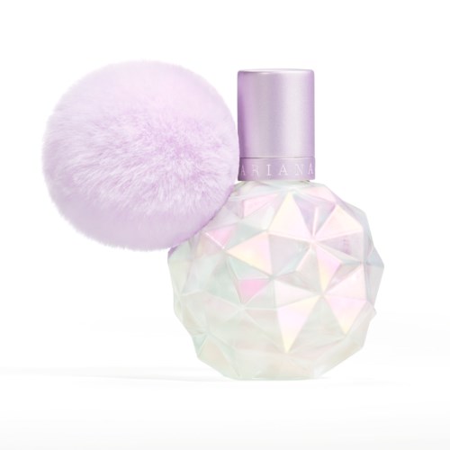 En parfyllflaska med ett glänsande, geometriskt mönster och en fluffig rosa boll fastsatt.
