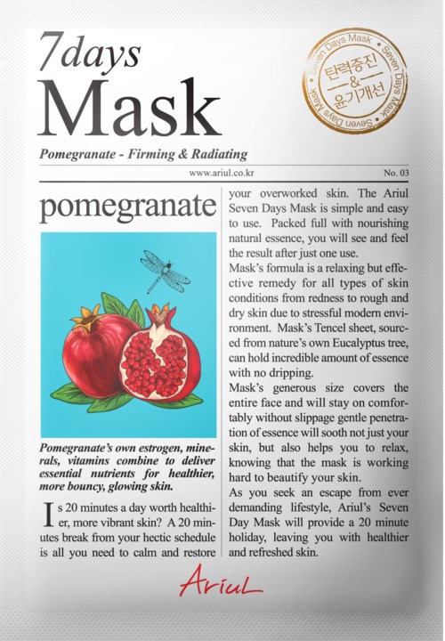 A sheet of paper shows a pomegranate illustration and text about a skincare mask with natural ingredients.