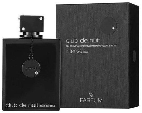 Een zwart parfumflesje en bijpassende doos met 'club de nuit intense man' en 'eau de parfum' in eenvoudige kleuren.