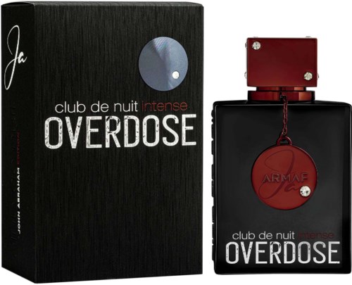 Schwarze Parfümverpackung und Flasche mit rotem Deckel und rundem roten Siegel, gekennzeichnet als club de nuit intense OVERDOSE.
