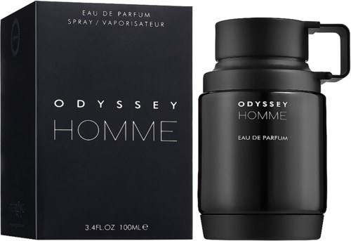 Czarna butelka perfum i pudełko z napisem 'Odyssey Homme' w białym tekście, minimalistyczny design i matowe wykończenie.