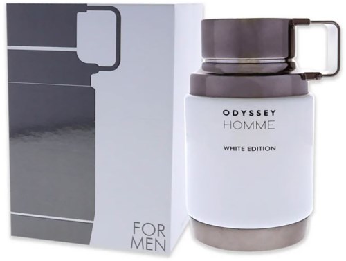 butelka perfum dla mężczyzn obok swojej opakowania, oznaczona Odyssey Homme White Edition.