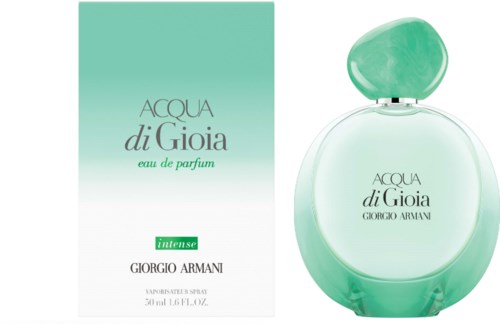 A perfume bottle and box both labeled 'Acqua di Gioia' by Giorgio Armani, with green colors and elegant design.