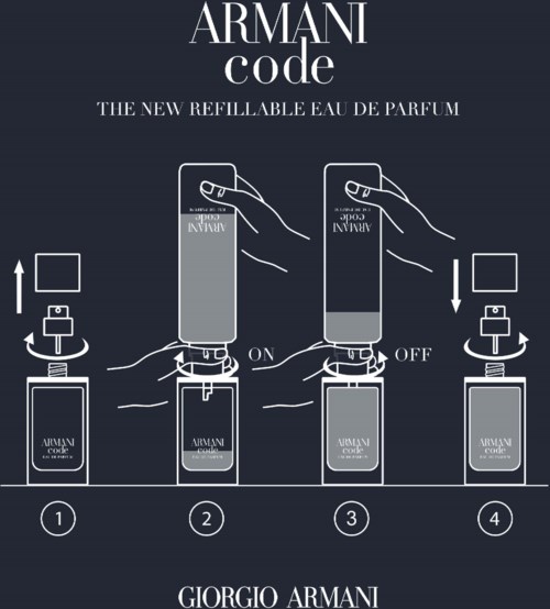 Illustrasjon som viser hvordan du bruker Armani Code påfyllbar parfymeflaske med en enkel trinnvis guide.