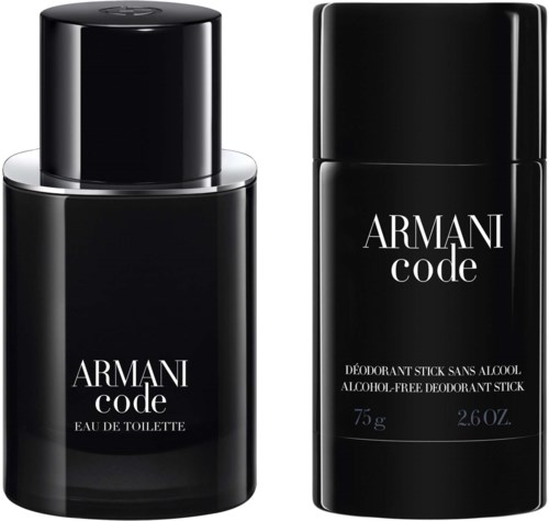 Zwei schwarze Flaschen mit Armani Code Parfüm und Deodorant, schlicht gestaltet. Text: 'Armani code' und Produktdetails.