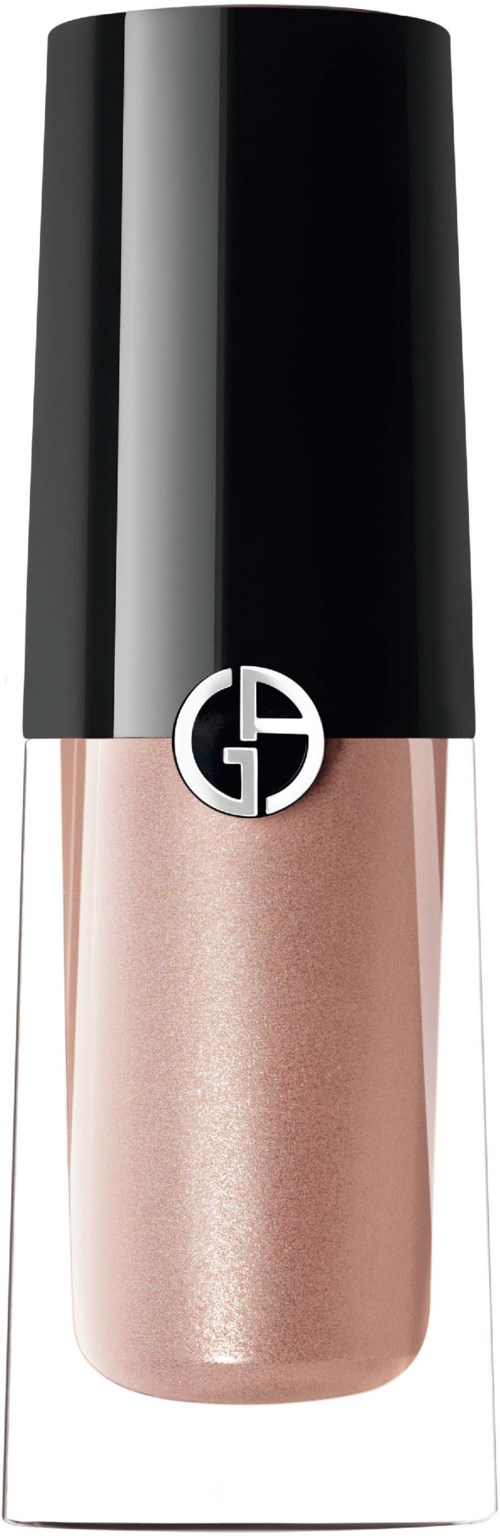 Een flesje Giorgio Armani lippenstift, lichtroze kleur met glanzende afwerking, zwarte dop, logo voor.