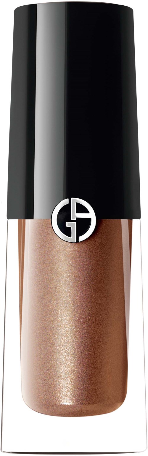 Een fles Giorgio Armani-product met gouden vloeistof, zwarte dop en logo aan de voorkant.