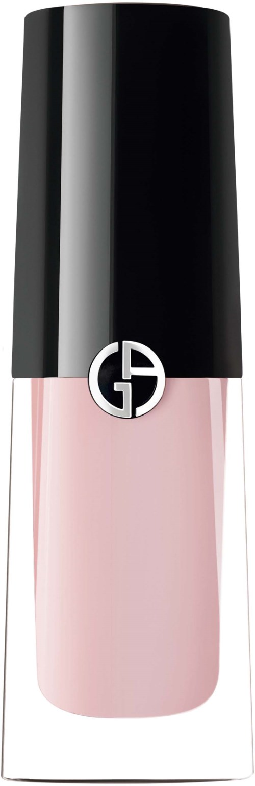 Een roze nagellakfles met zwarte dop en rond logo.