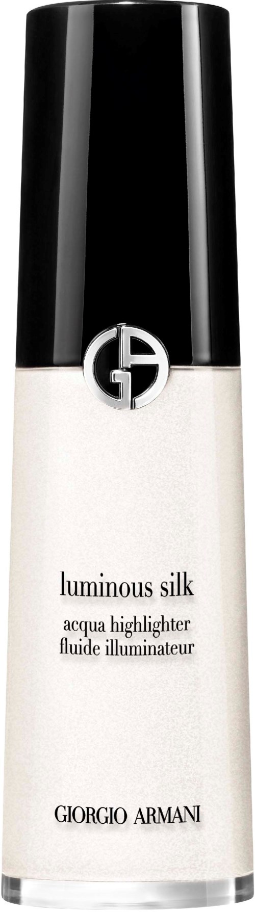 En vit flaska med svart lock, märkt 'luminous silk' och 'Giorgio Armani.'