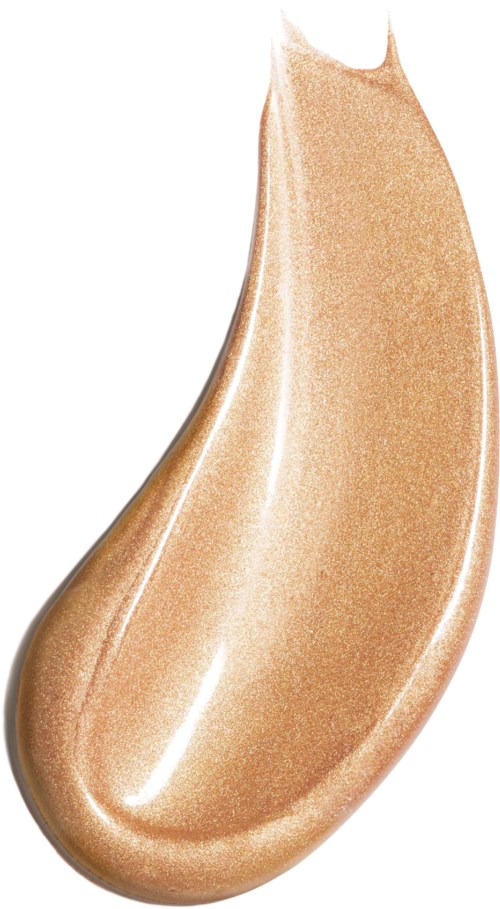 Een beige, glanzende, druppelvormige make-upproduct met een punt en een ronde basis.
