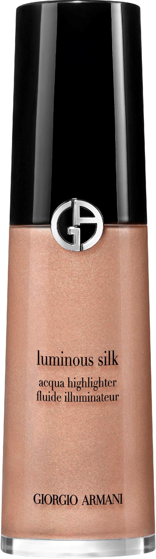 Een fles Giorgio Armani Luminous Silk vloeibare highlighter met zwarte dop.