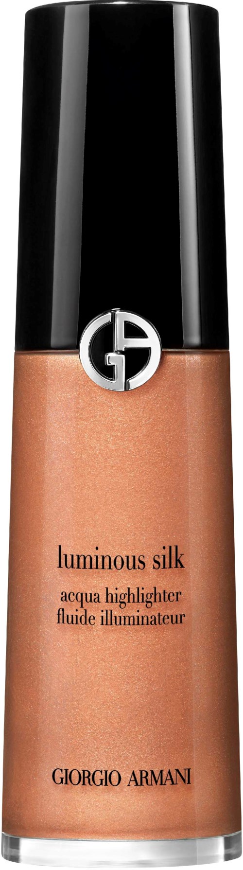 Ein Giorgio Armani luminous silk Make-up-Highlighter mit schwarzem Deckel und beiger Flasche.