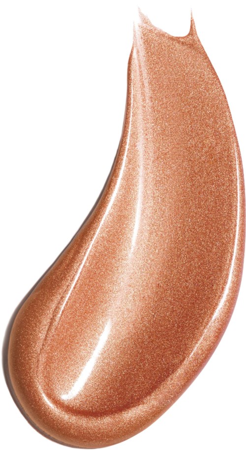 Ein schimmernder, pfirsichfarbener Make-up-Probel, geformt wie ein Träne.