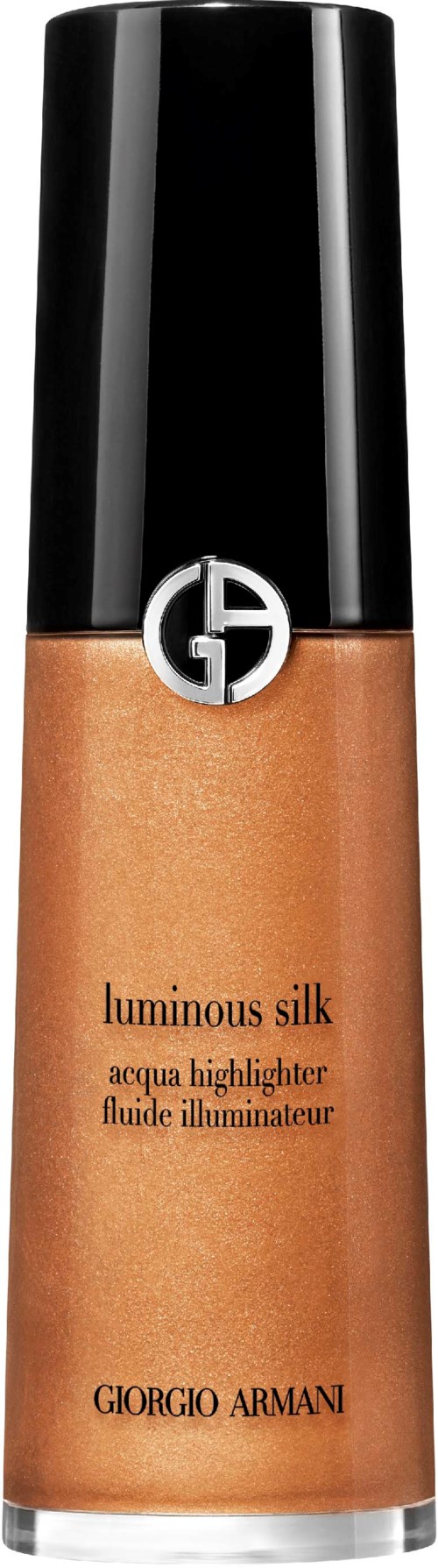 Giorgio Armani luminous silk acqua highlighter in een lange, slanke fles met zwarte dop en logo.