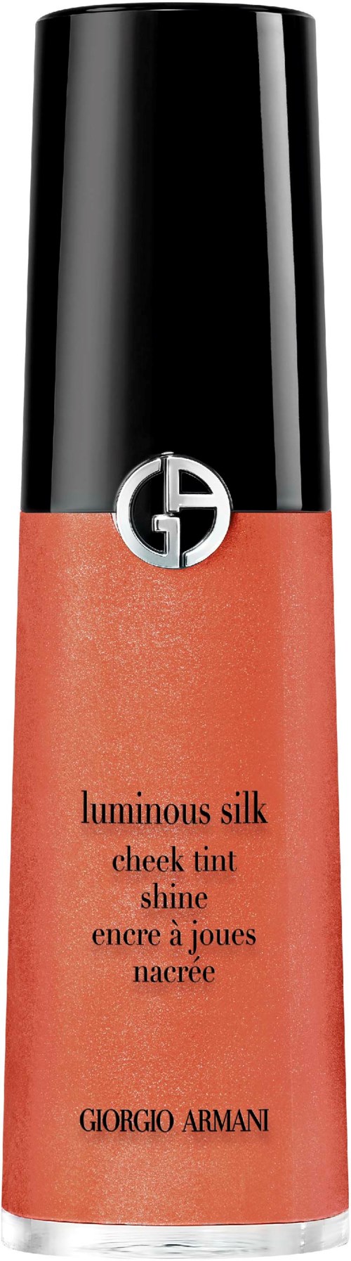En Giorgio Armani blush med svart lokk og ferskenfarget bunn, merket "luminous silk cheek tint shine."