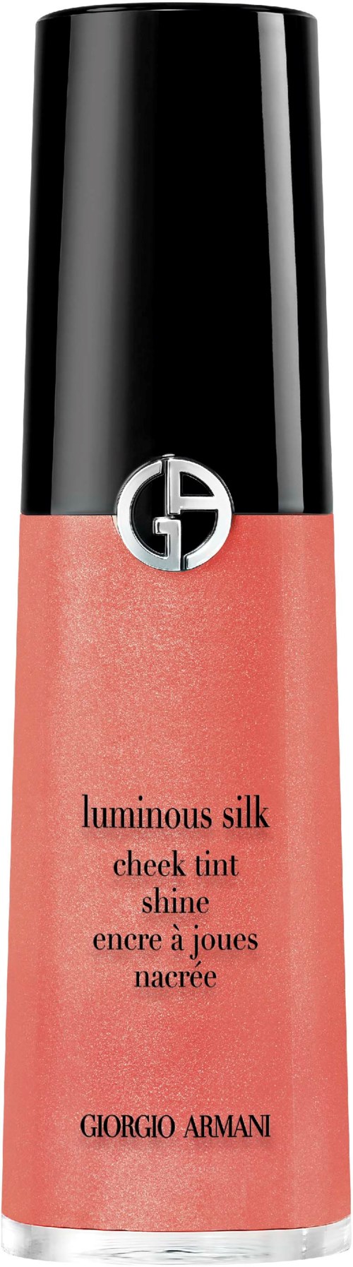 En leppeglossflaske fra Giorgio Armani i grønt og rosa med svart lokk og logo på.