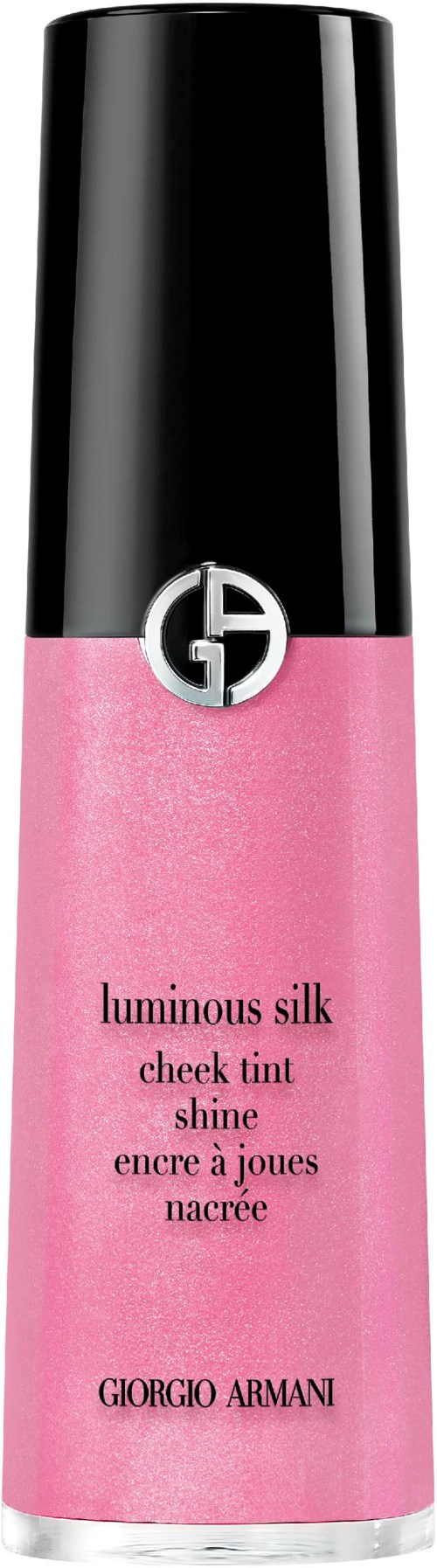 Een roze blushfles met zwarte dop, met logo en tekst over productnaam en merk Giovanni Armani.