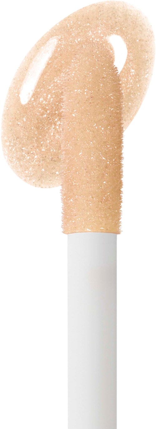 En sminkapplikator med en beige svampliknande spets på ett vitt handtag.