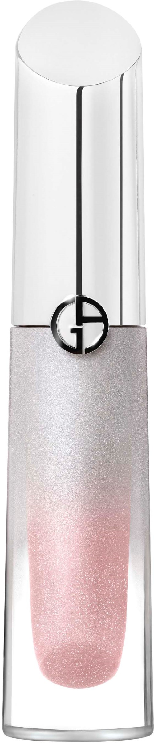 Ett klart läppstiftshölje med silver- och rosa läppstift inuti. Höljet är genomskinligt, vilket visar läppstiftet.