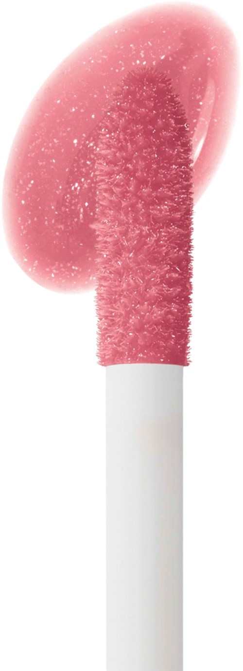 Pink läppglans med glitter, applikatorspets, vit handtag och rund svamprot.