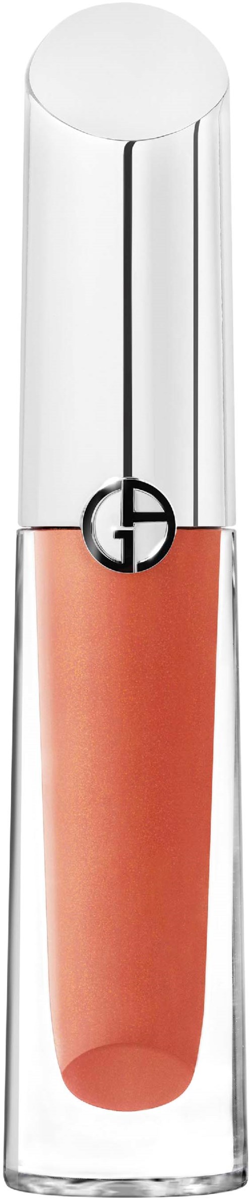 Ett transparent läppstiftstift med en persikofärgad läppstift inuti och en silverlock på toppen.