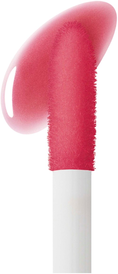 Läppglans i rosa färg på en vit pinne. Glanset är glänsande och slätt. Staven är vit.