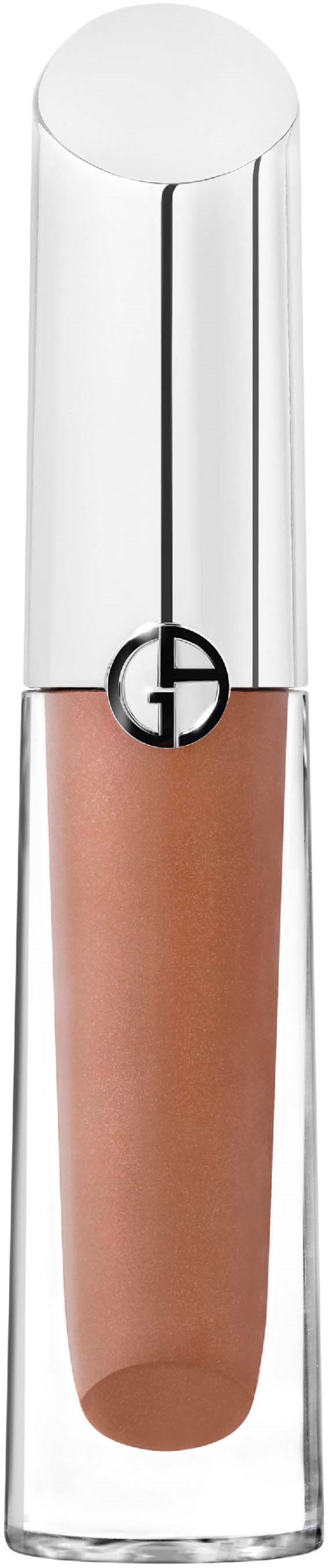 Een doorzichtige lippenstiftverpakking met een crèmekleurige lippenstift binnenin en een zilveren dop.