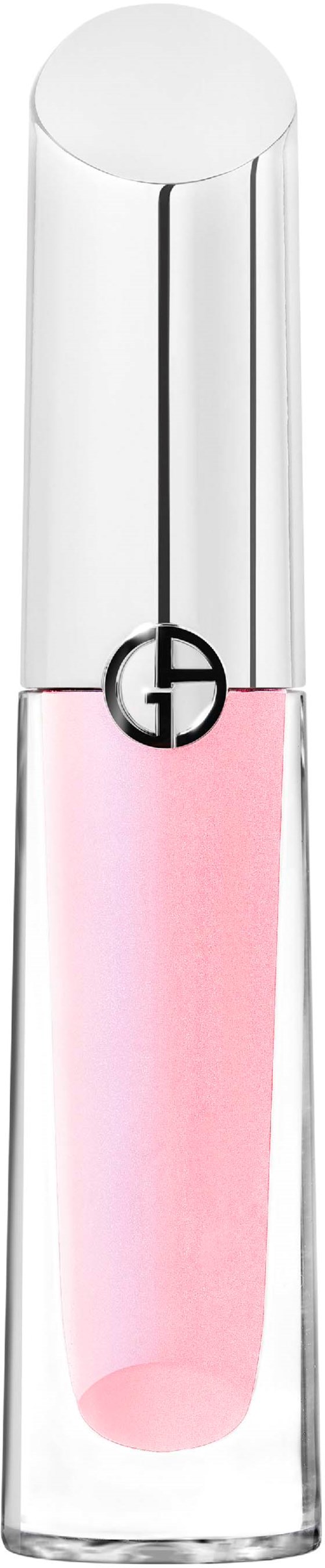 En klar, høj flaske med pink væske indeni og en sort logo nær toppen.