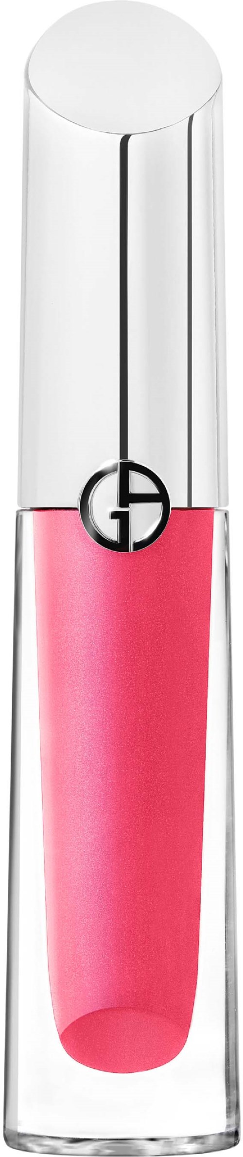 En glasrør med pink væske og sølvhætte, sandsynligvis lipgloss. Hatten har et logo på.