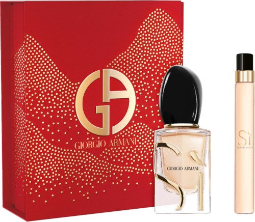 A Giorgio Armani gift set including a red box, a perfume bottle, and a small spray bottle.