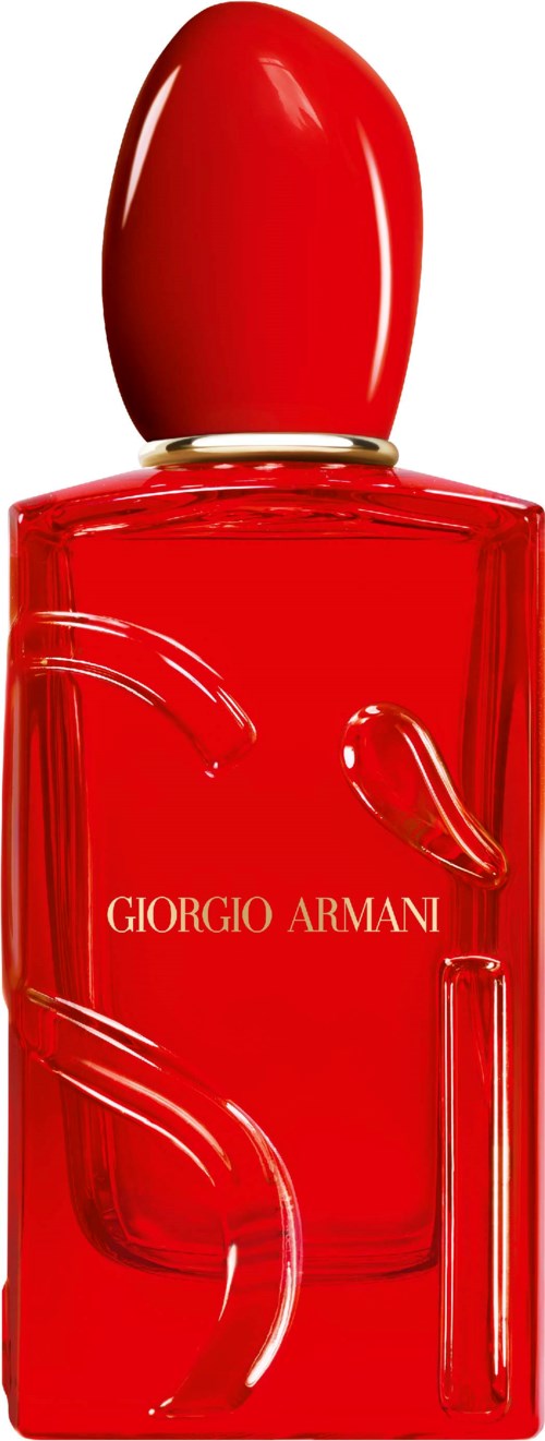 Eine rote Giorgio Armani Parfümflasche mit rundem Deckel und elegantem Design.