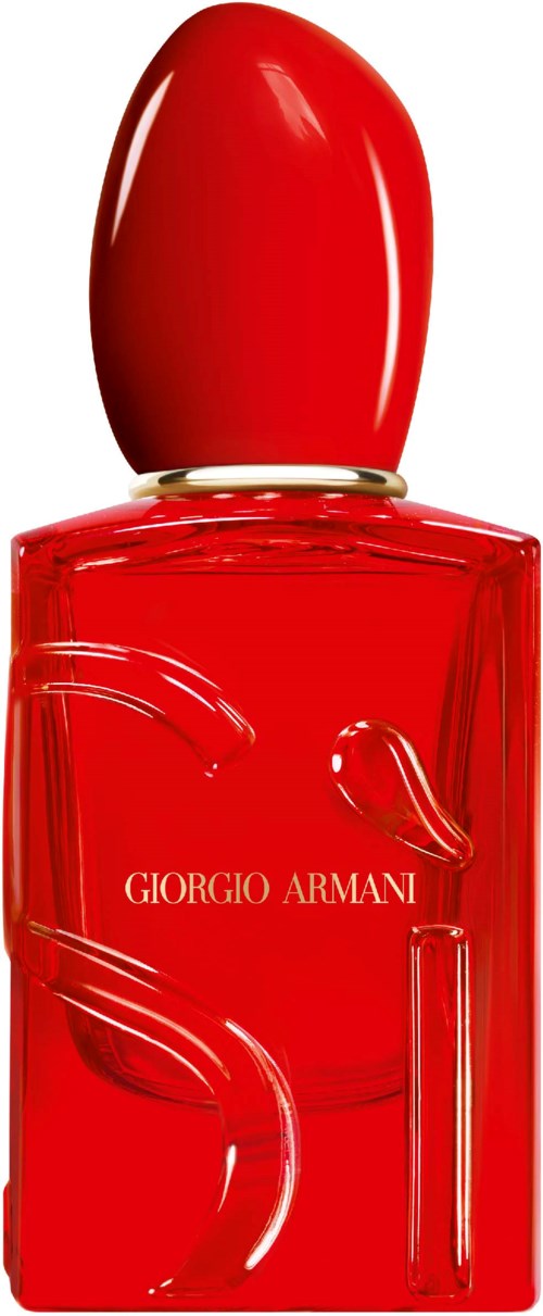 Rote Parfümflasche mit runden Verschluss und dem Namen Giorgio Armani.