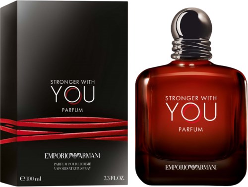 En parfymeflaske og eske, mørke og røde farger, merket Emporio Armani, melding 'Stronger with You'.