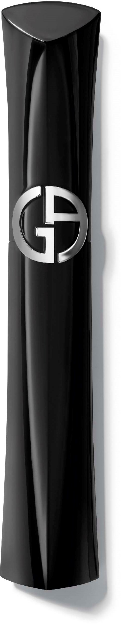 A tall, black, sleek object with a shiny surface and a silver logo in the center.