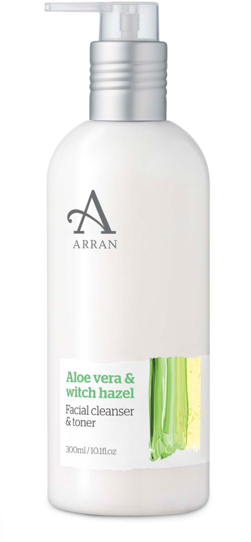 Vit flaska med pump, märkt Aloe vera och häxhazel ansiktsrengöring och toner, 300 ml.