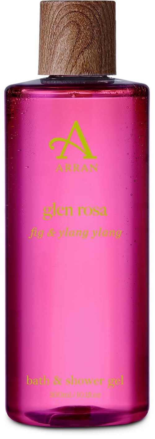 Rosa flaske med trekork, merket med gul tekst for en dusjsåpe.