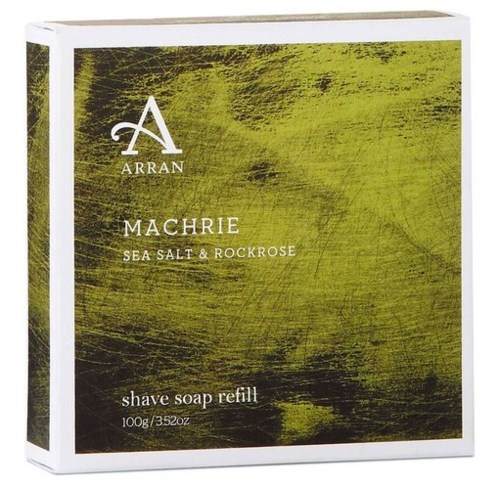 Verpakking met Machrie zeezout en rockrose scheerzeep refill, groen en zwart ontwerp.