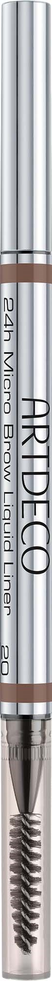 Mobile eyebrow pencil with a silver body and a retractable tip showing hair-like strokes.