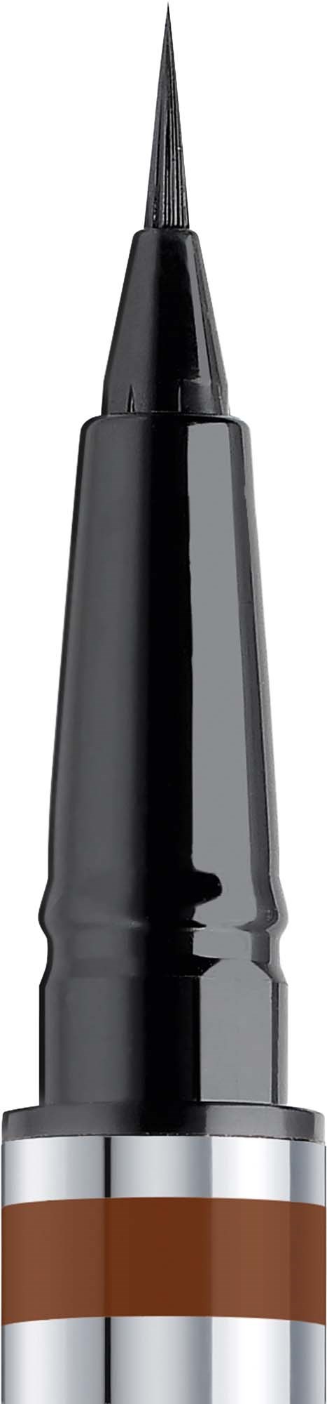 A black eyebrow pencil with a pointed tip and a silver band near the bottom.