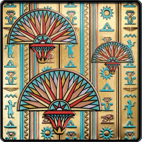 Färgglada, geometriska fans med en bakgrund av egyptiska symboler och mönster. Ljusa, detaljerade och ornamentala design.